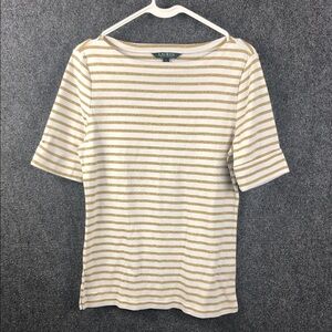 Lauren Ralph Lauren Womens L gold and white striped short-sleeve boatneck tee.